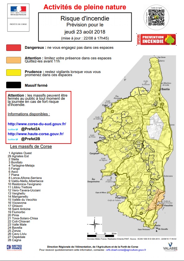 Carte du risque d'incendie pour la journée du 23 août 2018