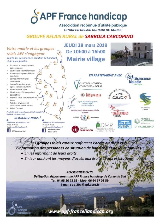 Les Groupes Relais de l'APF vous donnent rendez-vous à  Sarrola Carcopino jeudi 28 mars