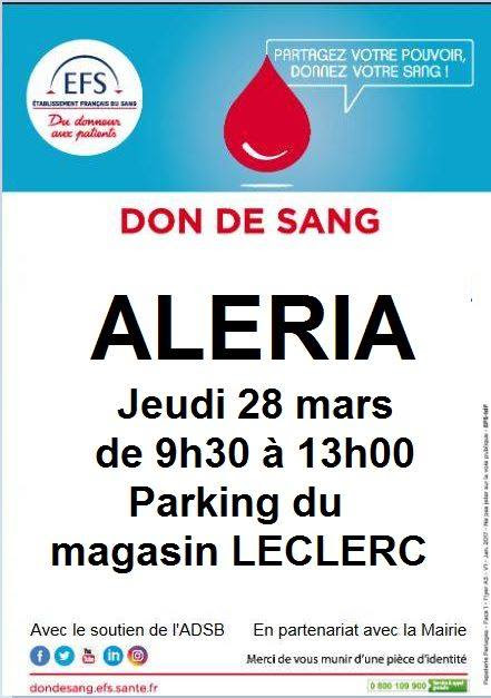 Don du sang : Une collecte jeudi 28 à Aleria