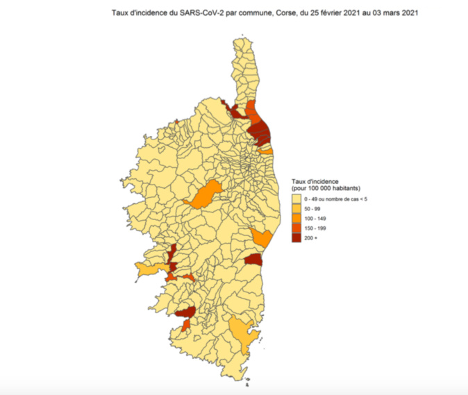 Carte du taux d'incidence du variant anglais par commune en Corse. Source : ARS de Corse