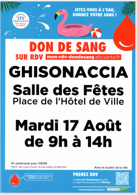 Collecte de sang le 17 août à Ghisonaccia