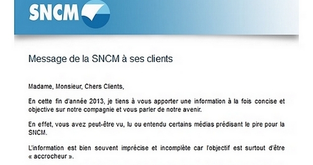 La lettre du directeur commercial de la SNCM Pierre Marcy a été adressée par mail aux clients. (Doc : DR)