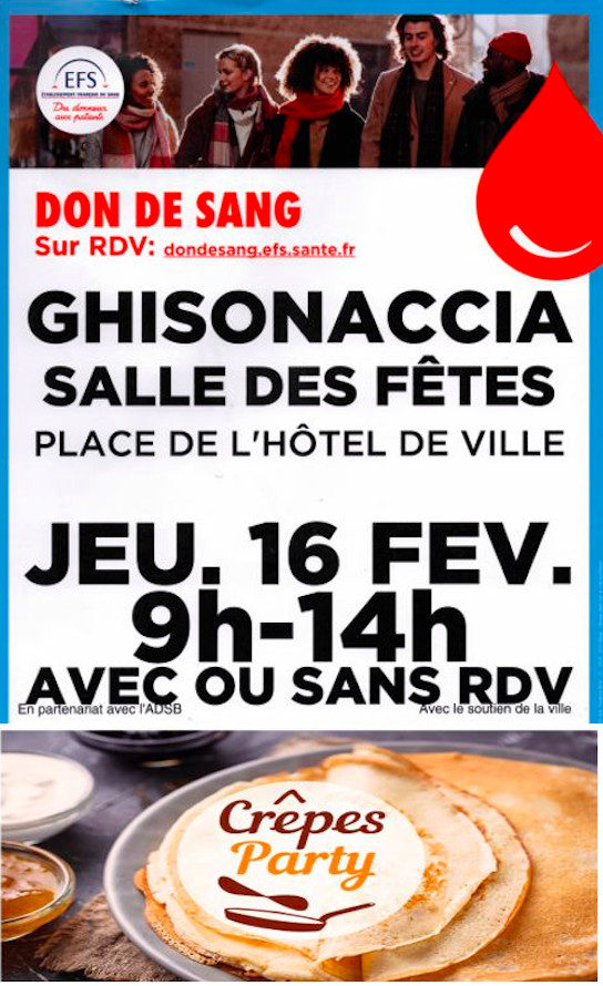 Don de sang : une collecte ce 16 février à Ghisonaccia