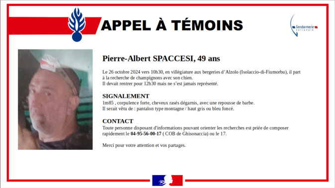 Isolaccio-di-Fiumorbu : La gendarmerie lance un appel à témoins pour retrouver Pierre-Albert Spaccesi