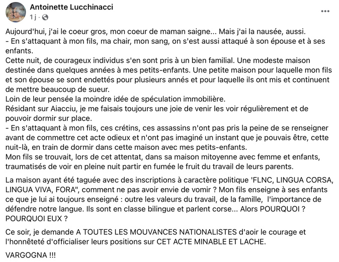 Olmeto : "Pourquoi eux ?" La mère de la victime en colère après l’attentat contre sa famille