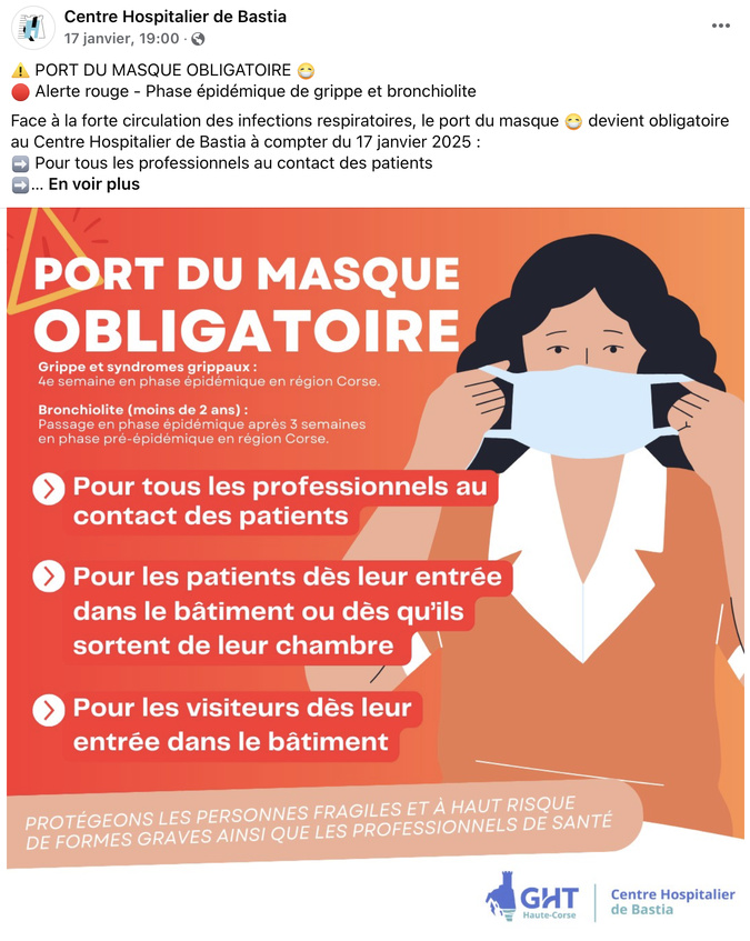 Port du masque obligatoire à l’hôpital de Bastia face à la grippe et la bronchiolite