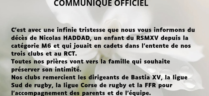 Nicolas (15 ans), le jeune rugbyman varois blessé lors d'un match à Bastia, est décédé