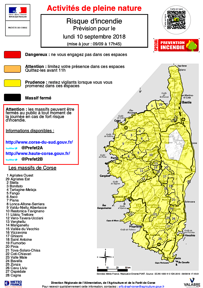 Corse : Carte du risque incendie pour la journée du Lundi 10 Septembre