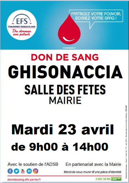 Don de sang : prochaine collecte de sang demain à Ghisonaccia 