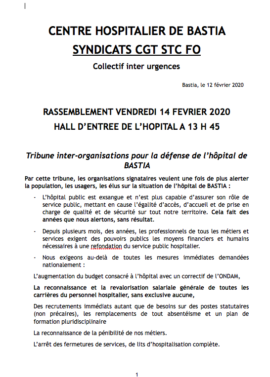 Bastia  : Un rassemblement pour « sauver l’hôpital public » ce 14 février 