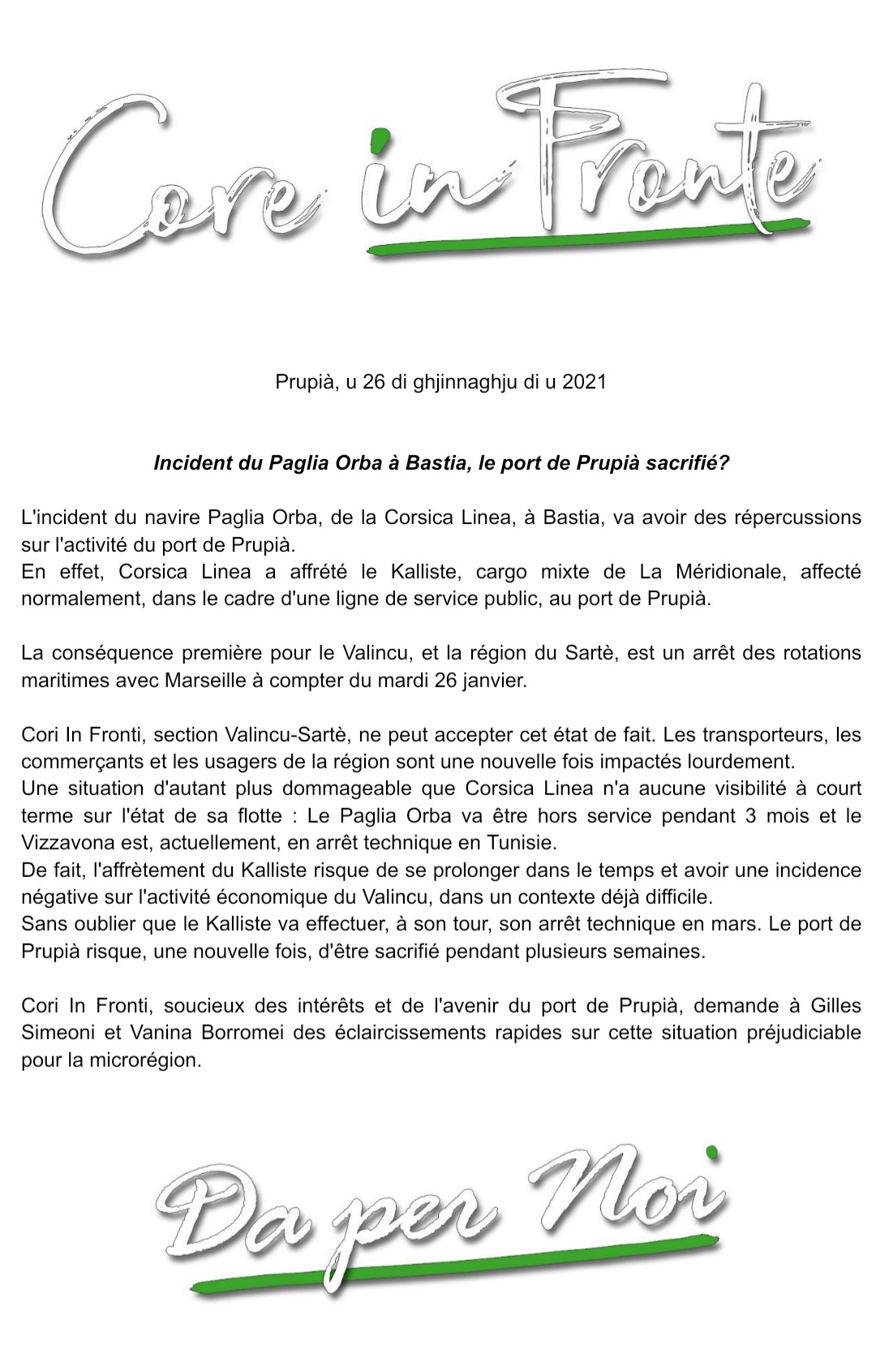 Pour "Core In Fronte" l'incident du "Paglia Orba" à Bastia ne doit pas sacrifier le port de Propriano