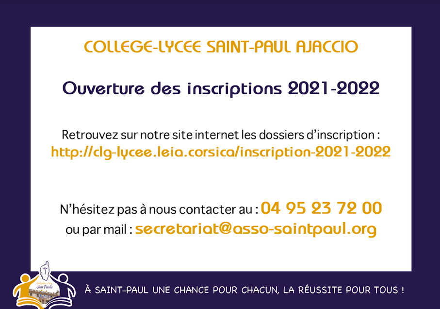 Les inscriptions au collège-lycée Saint Paul d'Ajaccio sont ouvertes