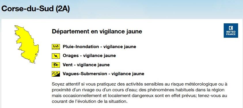 La Corse-du-Sud en vigilance jaune  pour risques de pluie-inondation, orages, vent violent et vagues-submersion