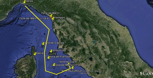 L'itinéraire prévu pour le remorquage de l'épave du Costa Concordia de l'île italienne de Giglio au port de Gènes.