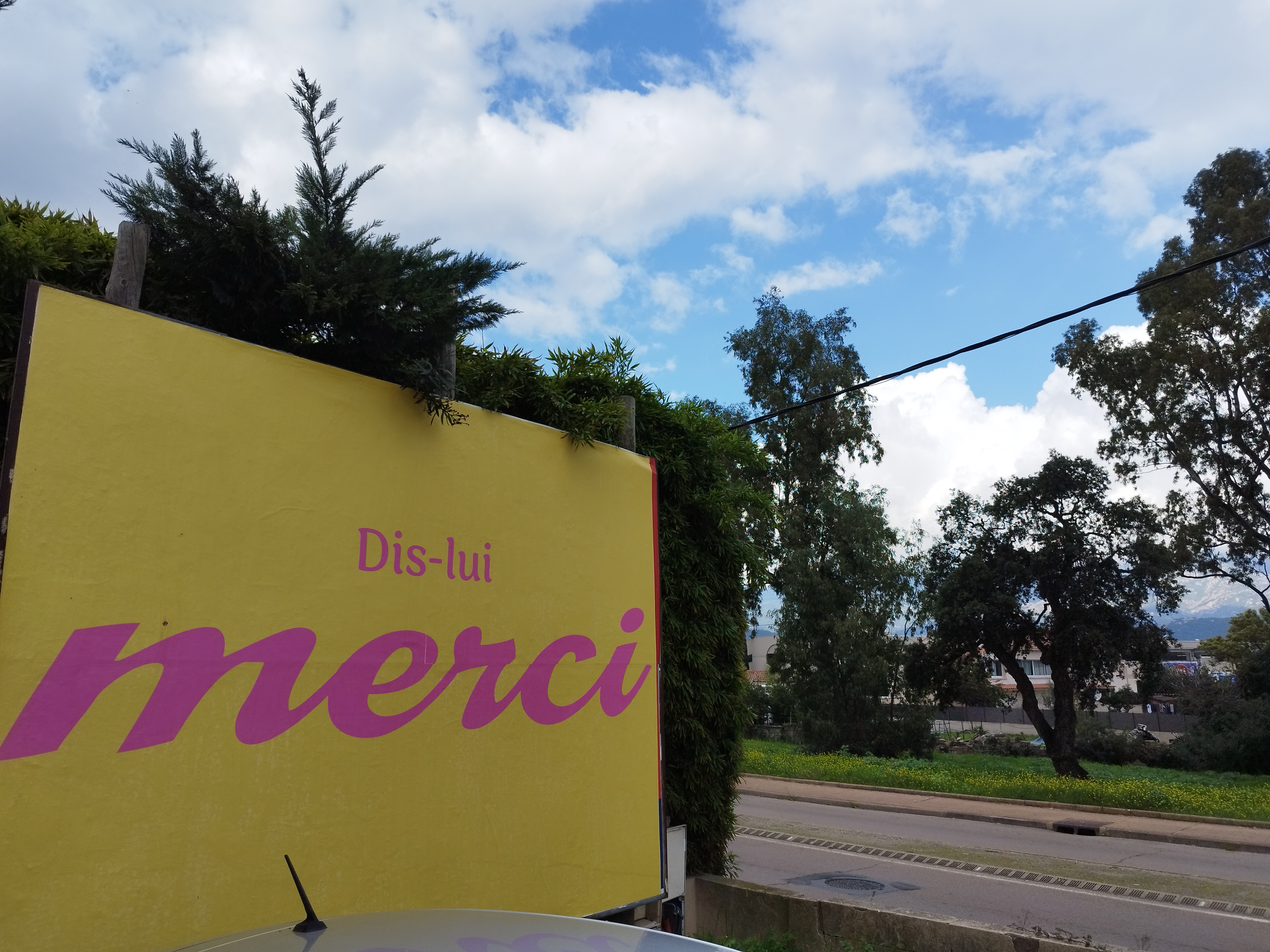 Sur les panneaux publicitaires, Merci Alfonce s'affiche en rose, sur fond jaune.