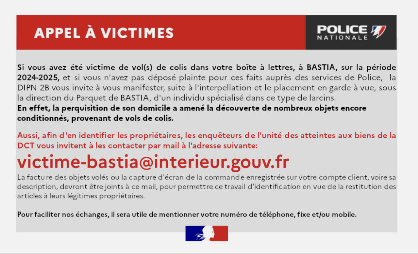 Bastia : la police lance appel à témoins après la découverte de nombreux colis volés