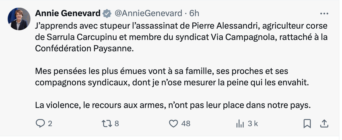 "A Corsica more di e so strage è di quelli chì cercanu à lampà la in lu foscu" : une vague d’hommage après l'assasinat de Pierre Alessandri