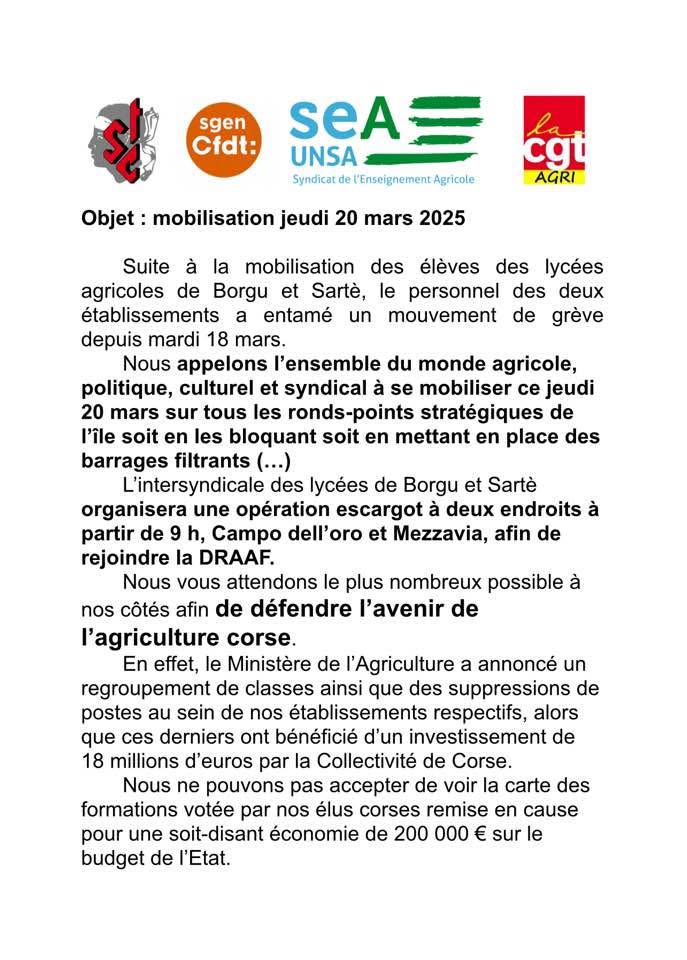 Réforme des lycées agricoles : vers un durcissement de la mobilisation en Corse